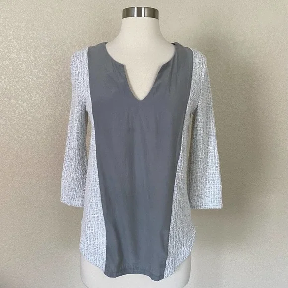 SOLD ANTHROPOLOGIE AMADI Boucle Tweed and Silk Panel 3/4 Sleeve Top Size Small - Picture 2 of 8